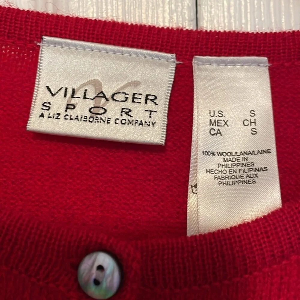 Women’s sz S Villager Sport 100% wool red cardigan plaid embroidered appliqué